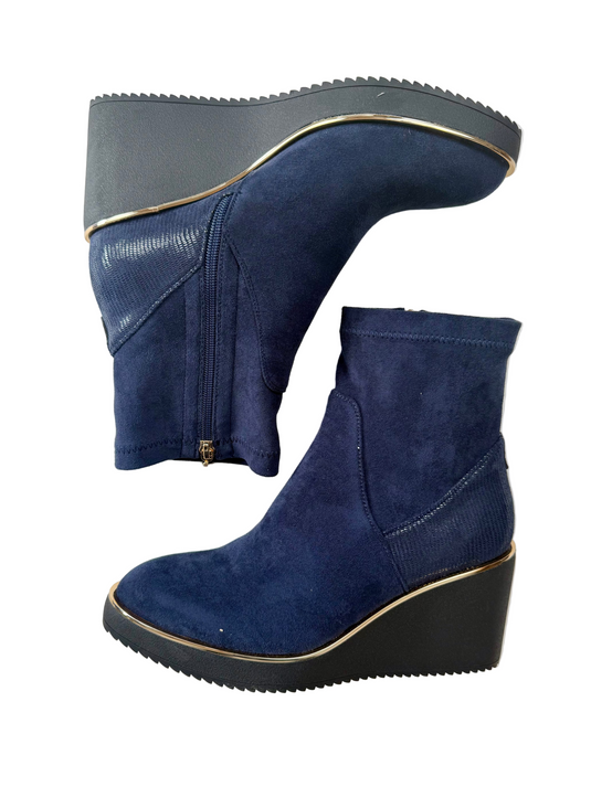 navy low heel wedge boots