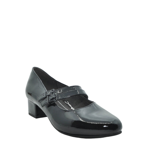 black patent block heels