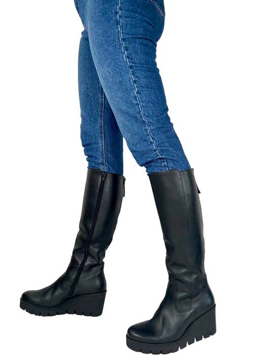 black wedge knee high boots