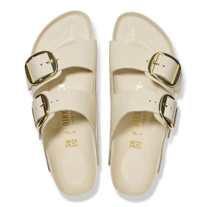 big buckle high shine sandals