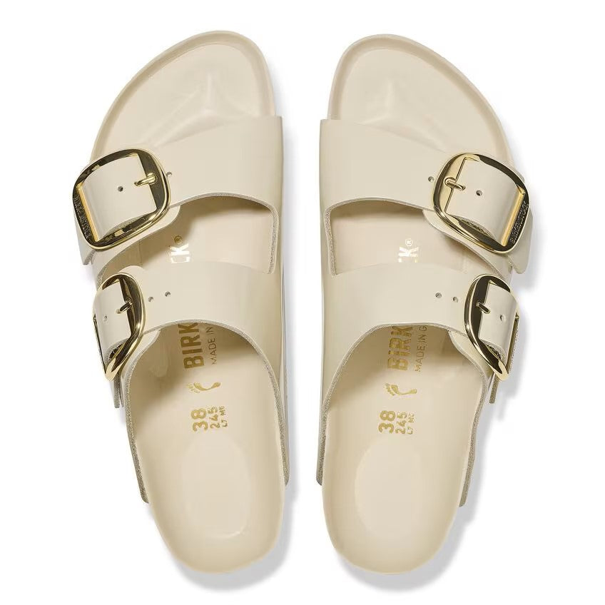 big buckle high shine sandals