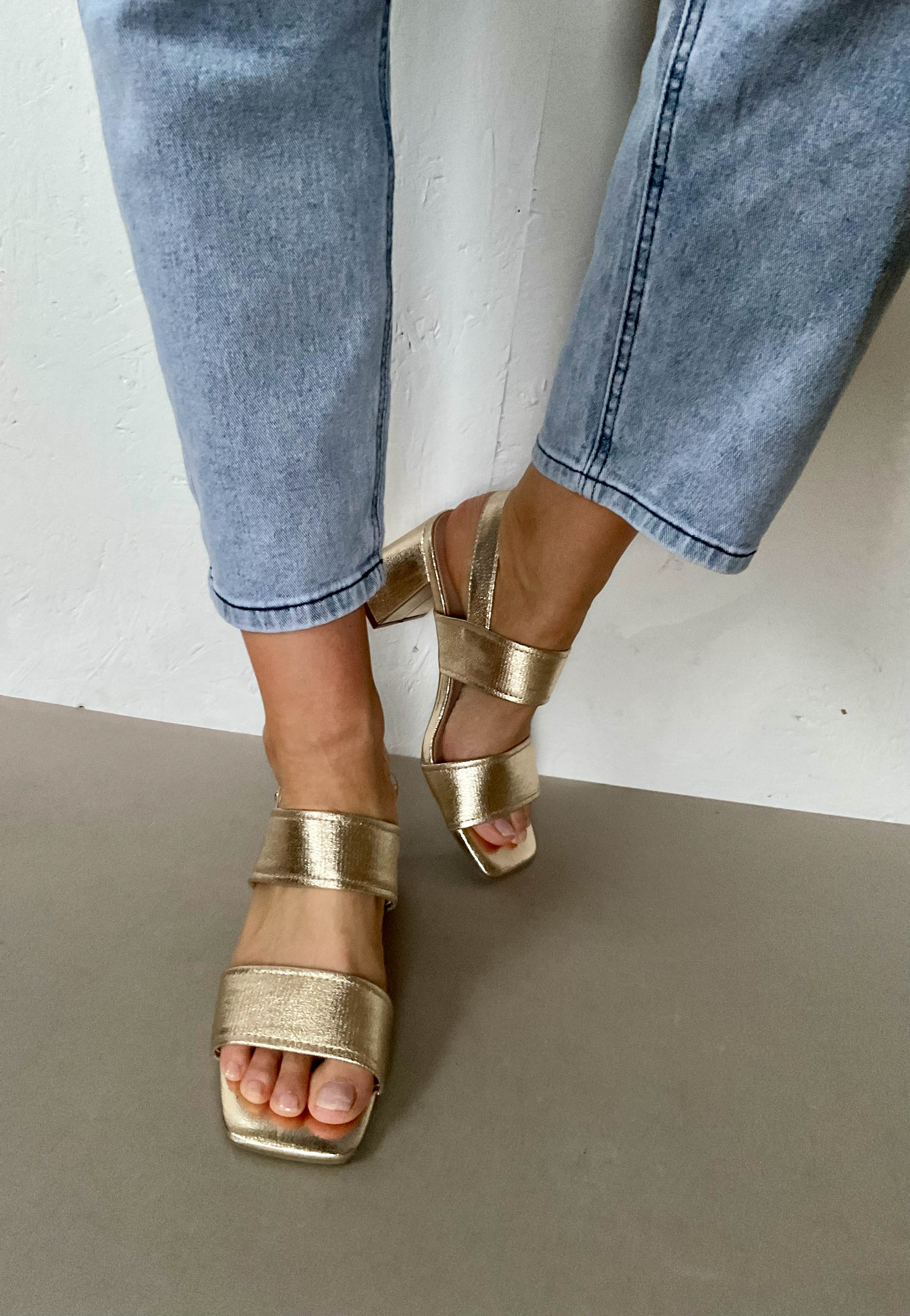 gold low heel sandals