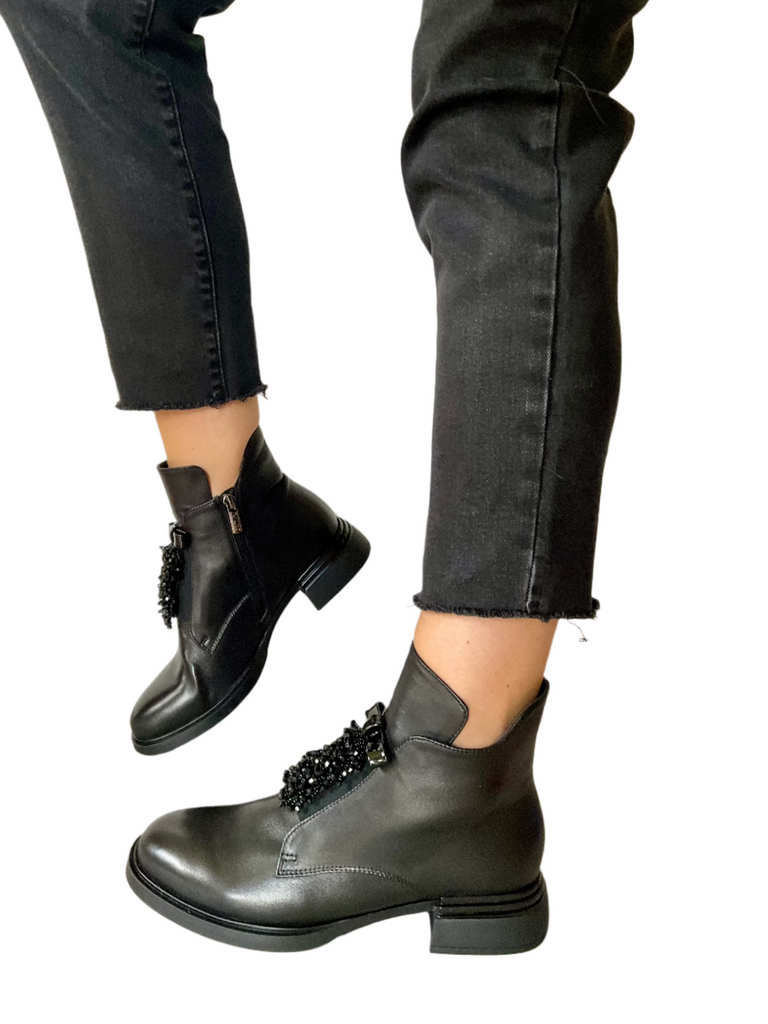 black flat leather boots