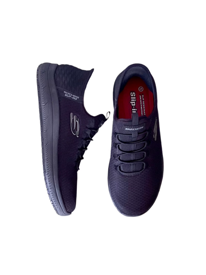 Load image into Gallery viewer, black skechers work shoes
