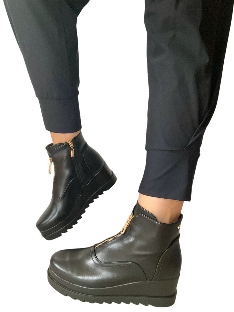 black leather wedge boots