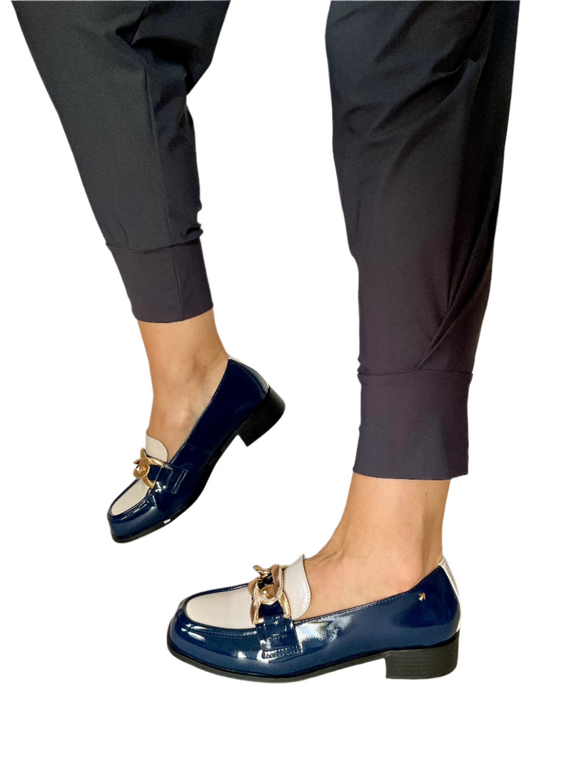 Load image into Gallery viewer, navy patent loafer shoes
