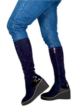 Load image into Gallery viewer, navy wedge long boots