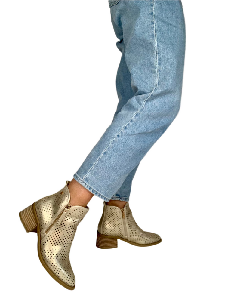 womens gold block heel boots