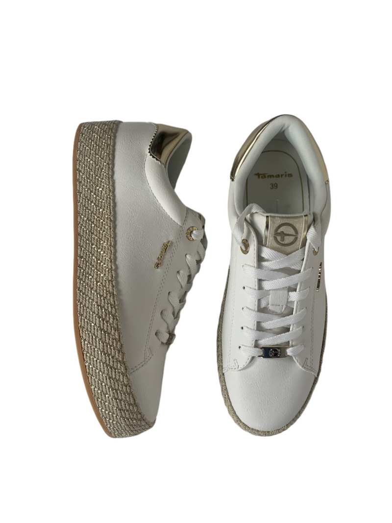 Load image into Gallery viewer, white and gold trainers

