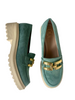 green suede loafers