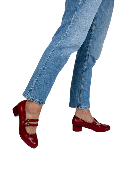 red patent block heels