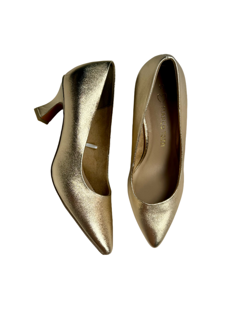 Load image into Gallery viewer, gold ladies heeled shoes
