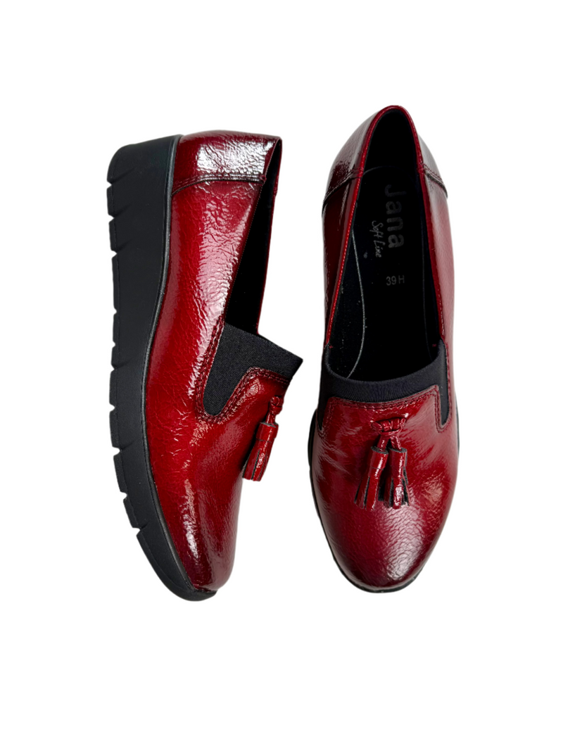 Load image into Gallery viewer, womens red patent wedge shoes

