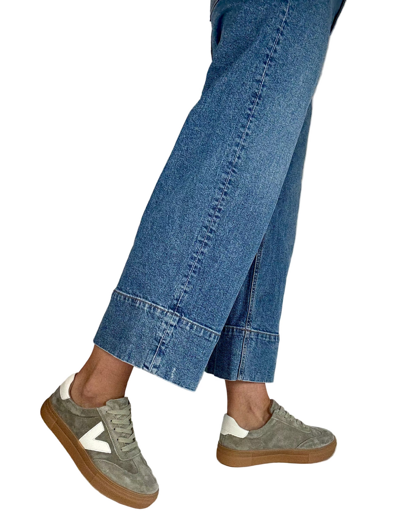Load image into Gallery viewer, green suede drilley trainers
