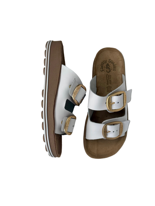 white leather slip on sandals