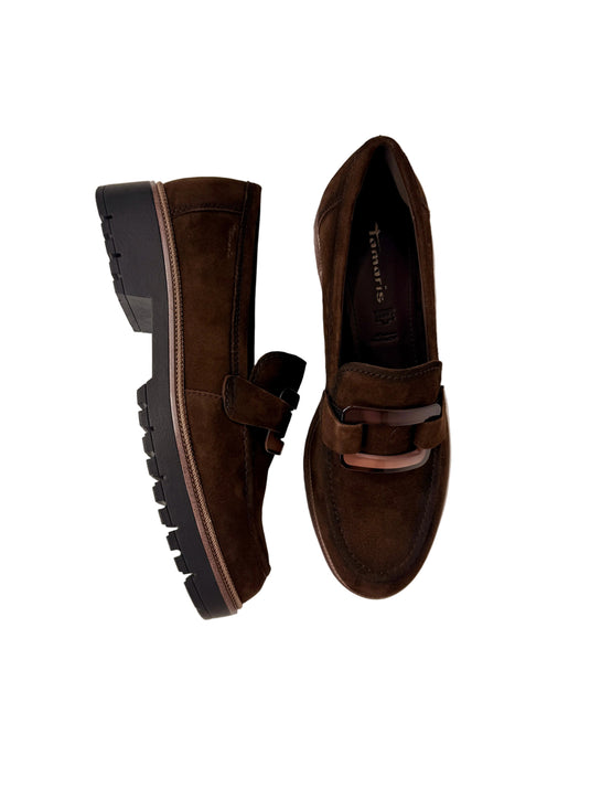 brown suede platform loafers