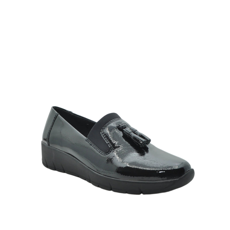 Load image into Gallery viewer, black patent wedge loafers

