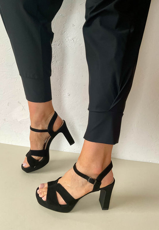 black suede heeled sandals
