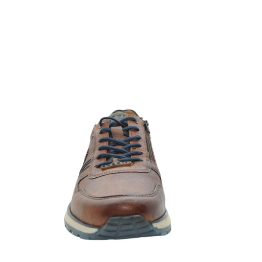 Brown leather shoe with blue laces 