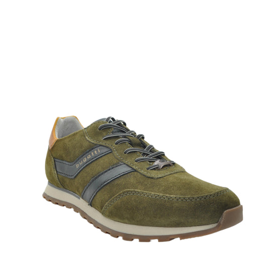 Green sneaker with grey laces