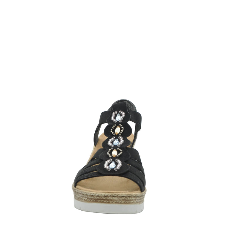 Load image into Gallery viewer, black wedge rieker sandals
