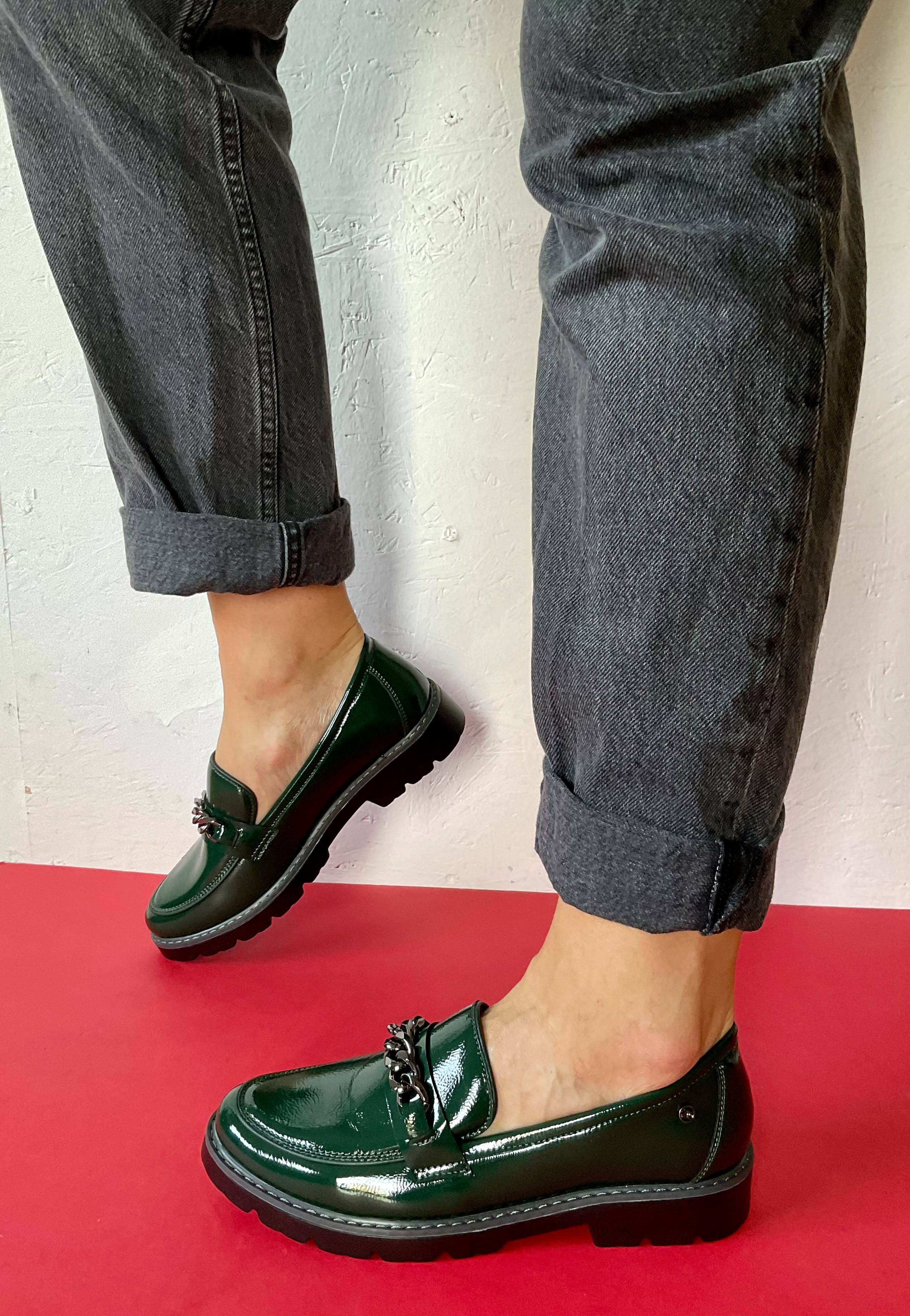 green patent loafers