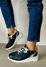 Load image into Gallery viewer, navy low wedge trainers