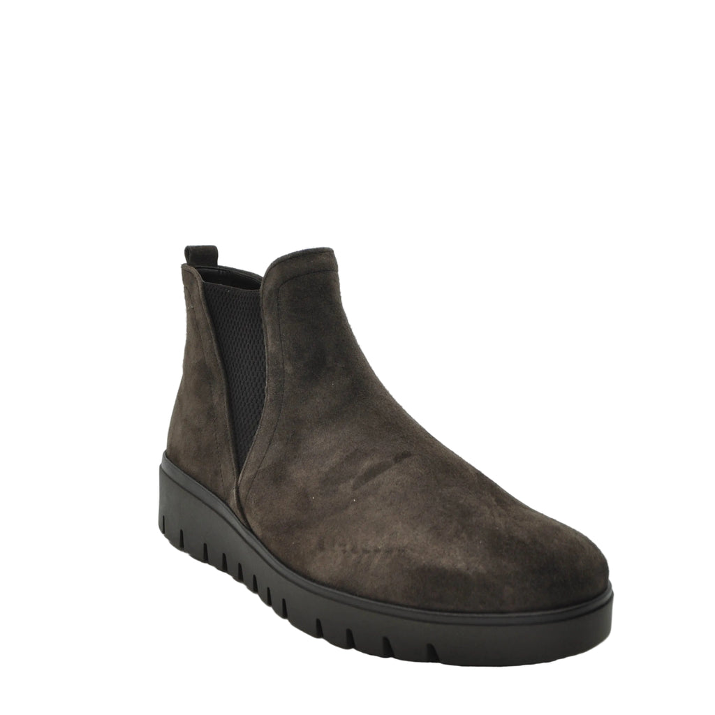 brown low wedge boots in suede