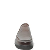 A single brown leather slip-on loafer shown from the back against a plain white background.