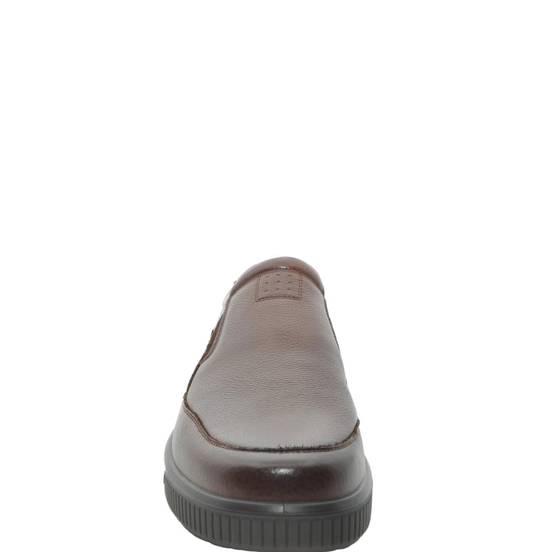 Load image into Gallery viewer, A single brown leather slip-on loafer shown from the back against a plain white background.
