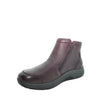 A single women's ankle boot in dark burgundy pebbled leather with a side zipper and a thick black sole, shown from a three-quarters angle on a white background.