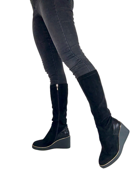 black wedge knee high boots