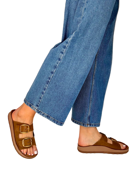 brown leather mule sandals
