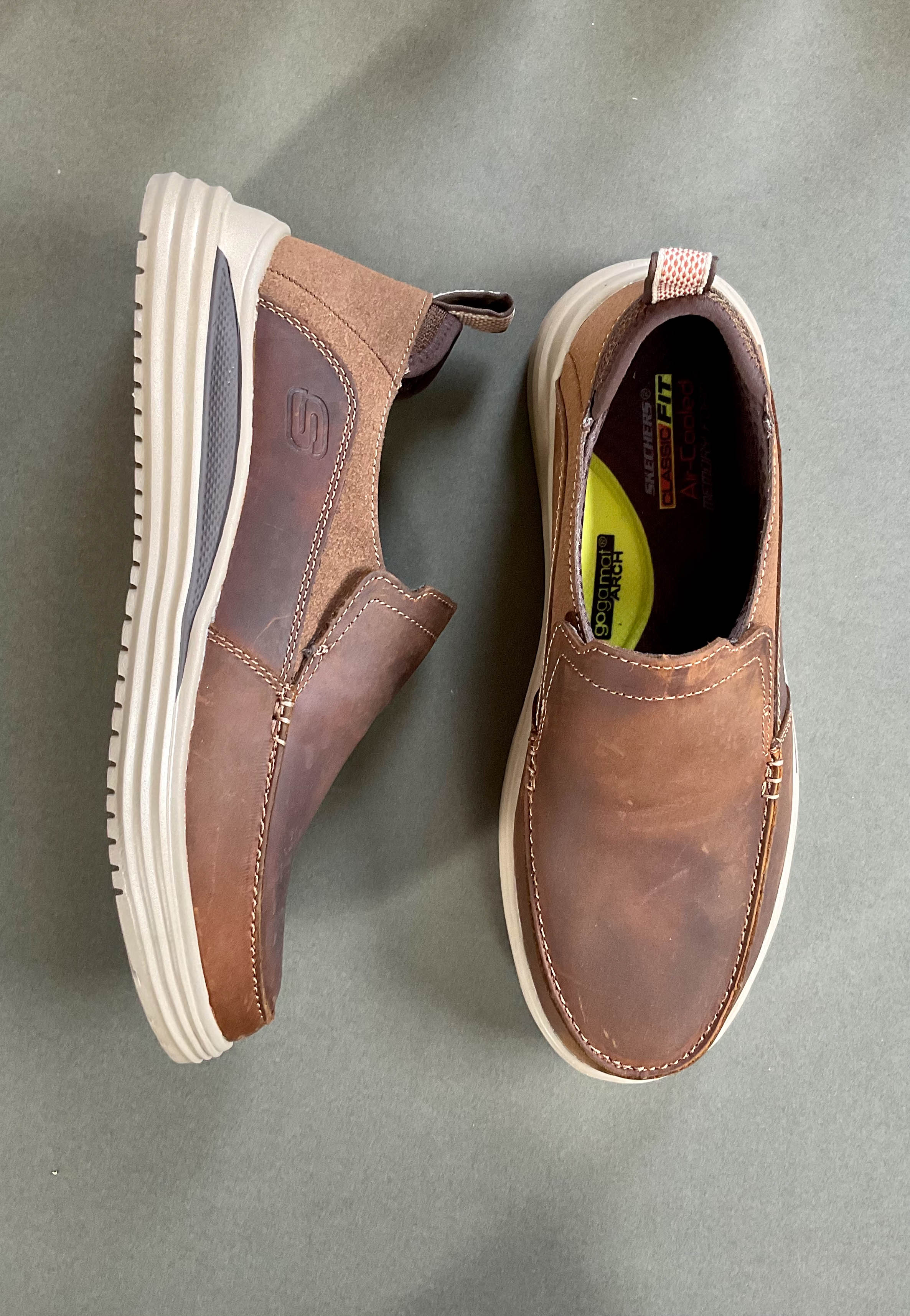 brown slip on shoes skechers
