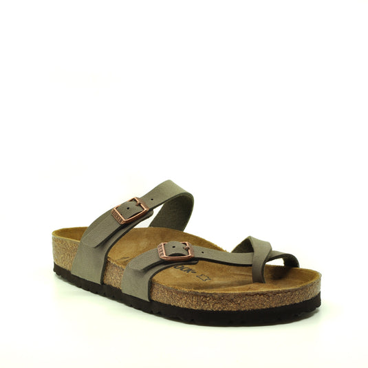 Birkenstock Mayari womens sandal in stone grey white background
